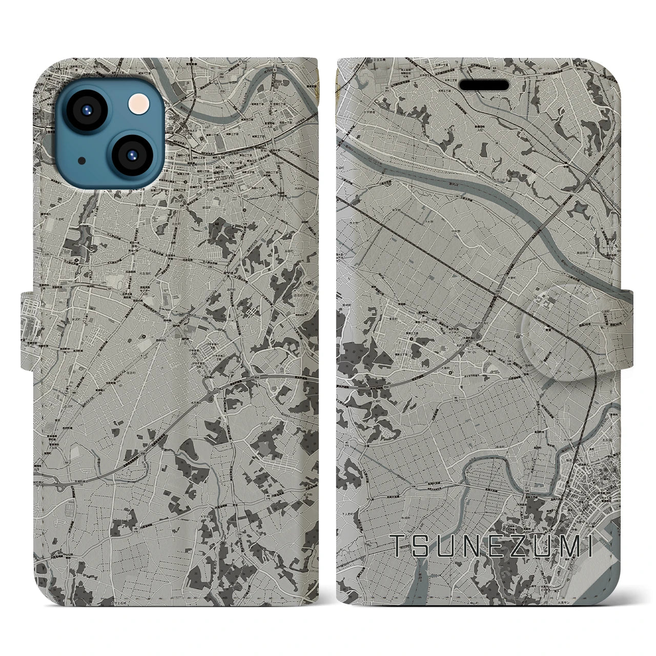 【常澄(茨城県)】地図柄iPhoneケース(手帳タイプ)モノトーン・iPhone 13 用