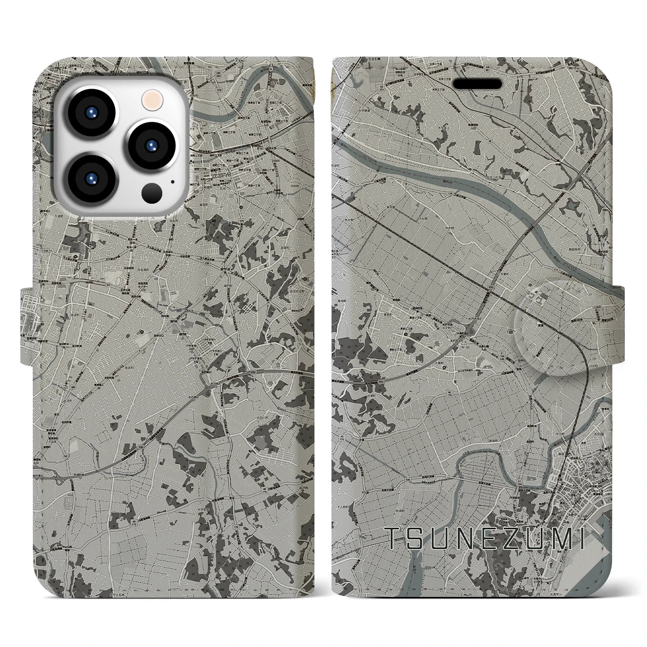 【常澄(茨城県)】地図柄iPhoneケース(手帳タイプ)モノトーン・iPhone 13 Pro 用