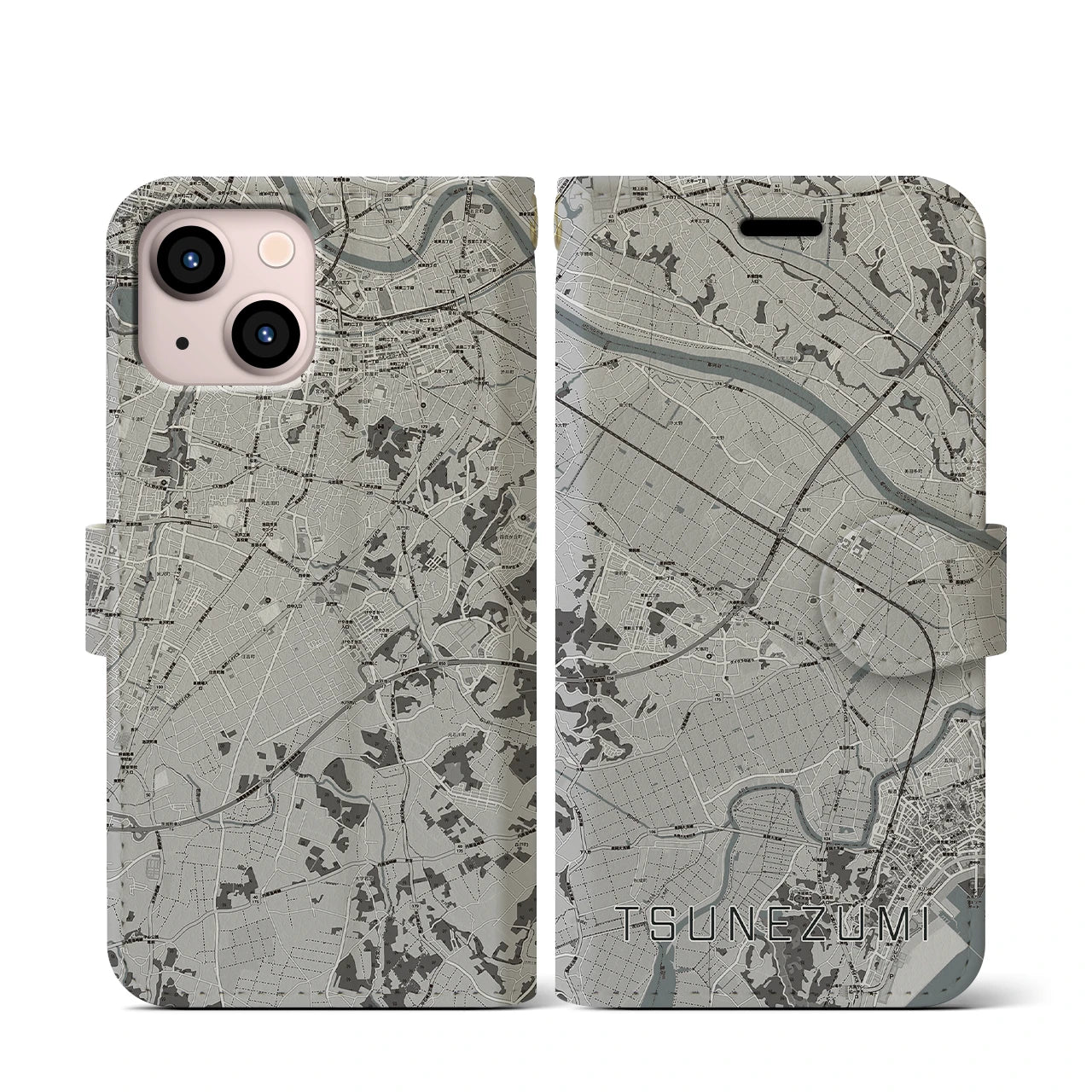 【常澄(茨城県)】地図柄iPhoneケース(手帳タイプ)モノトーン・iPhone 13 mini 用