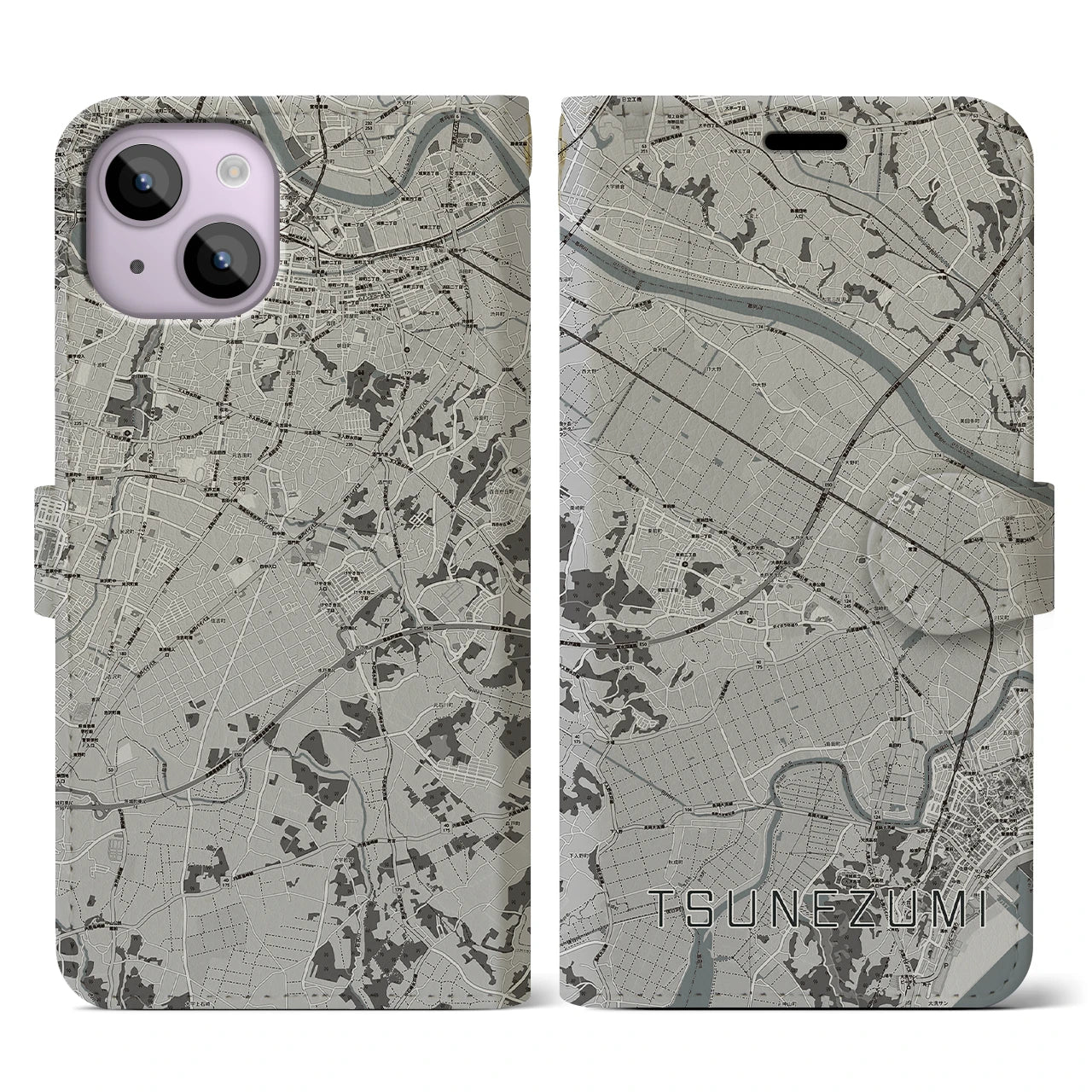 【常澄(茨城県)】地図柄iPhoneケース(手帳タイプ)モノトーン・iPhone 14 用