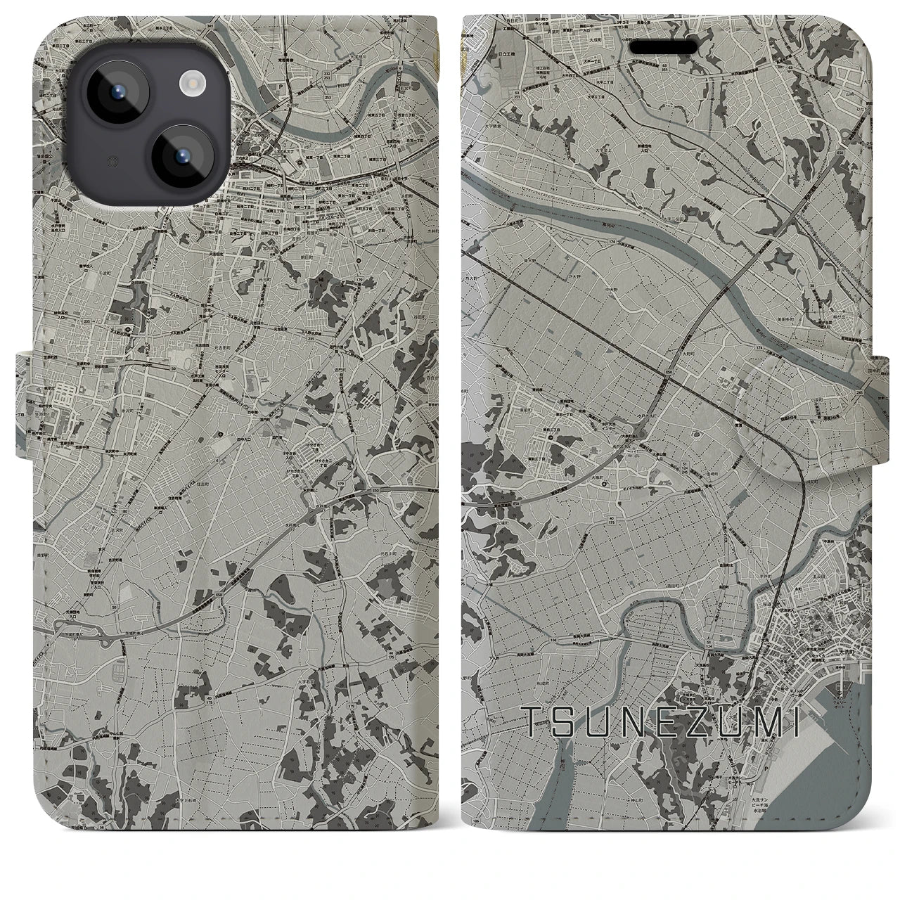 【常澄(茨城県)】地図柄iPhoneケース(手帳タイプ)モノトーン・iPhone 14 Plus 用