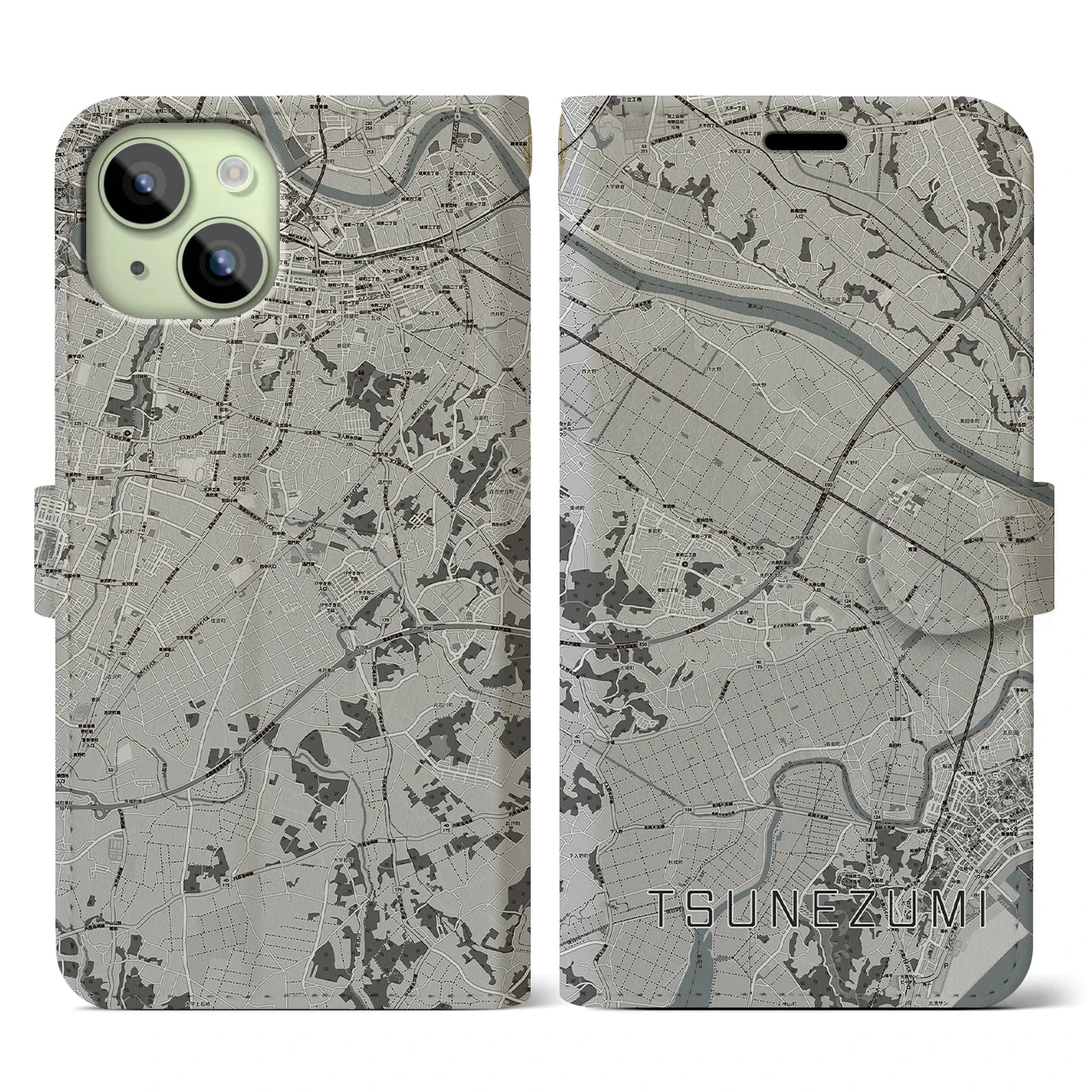 【常澄(茨城県)】地図柄iPhoneケース(手帳タイプ)モノトーン・iPhone 15 用