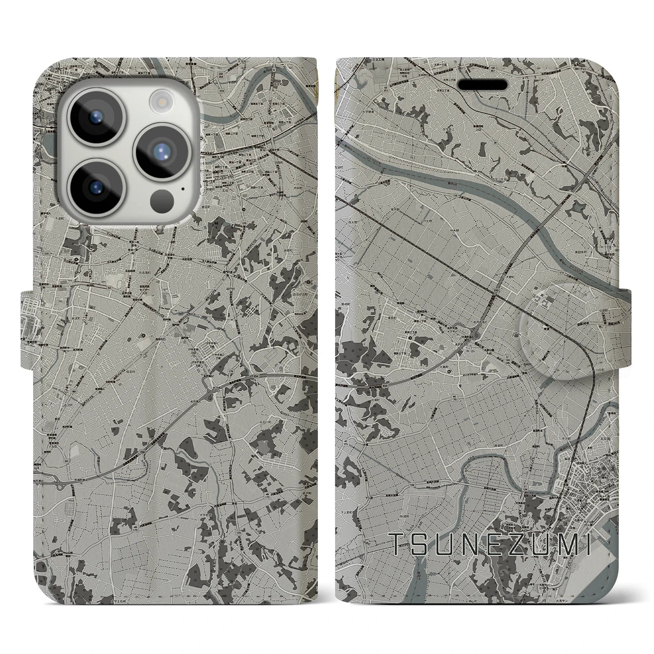 【常澄(茨城県)】地図柄iPhoneケース(手帳タイプ)モノトーン・iPhone 15 Pro 用