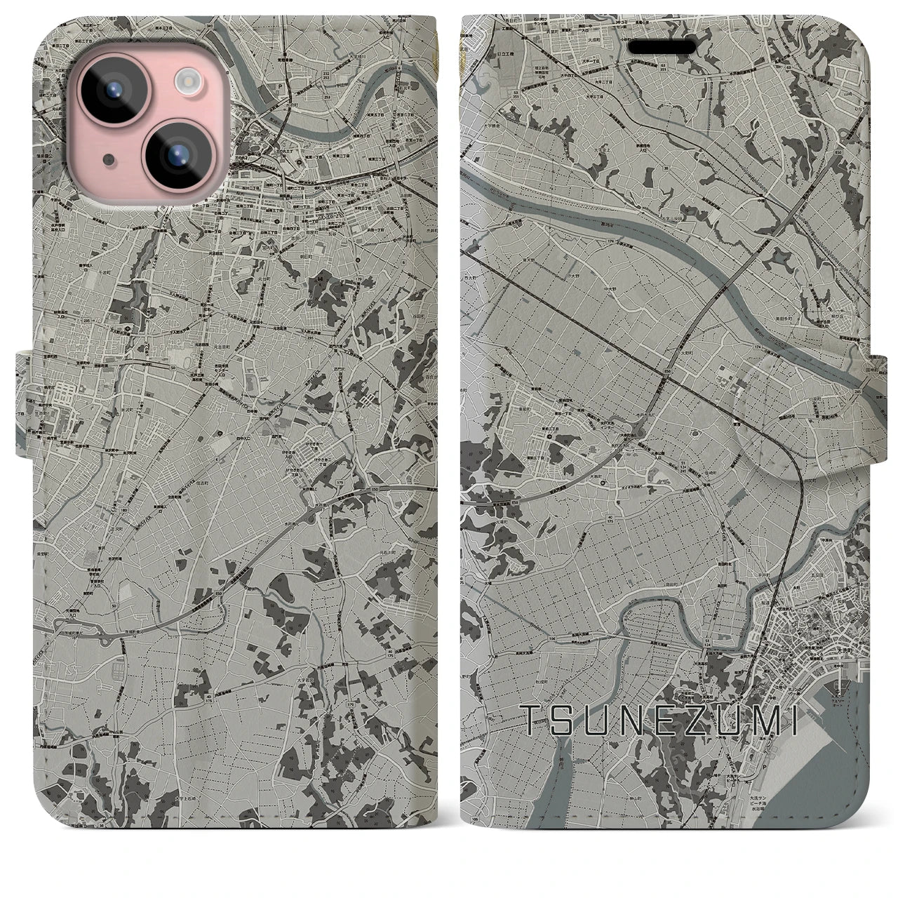 【常澄(茨城県)】地図柄iPhoneケース(手帳タイプ)モノトーン・iPhone 15 Plus 用