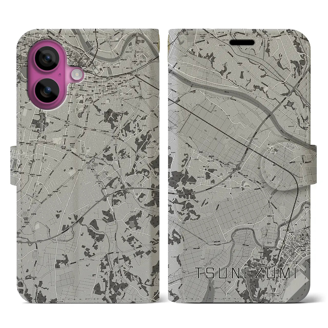 【常澄(茨城県)】地図柄iPhoneケース(手帳タイプ)モノトーン・iPhone 16 Pro 用