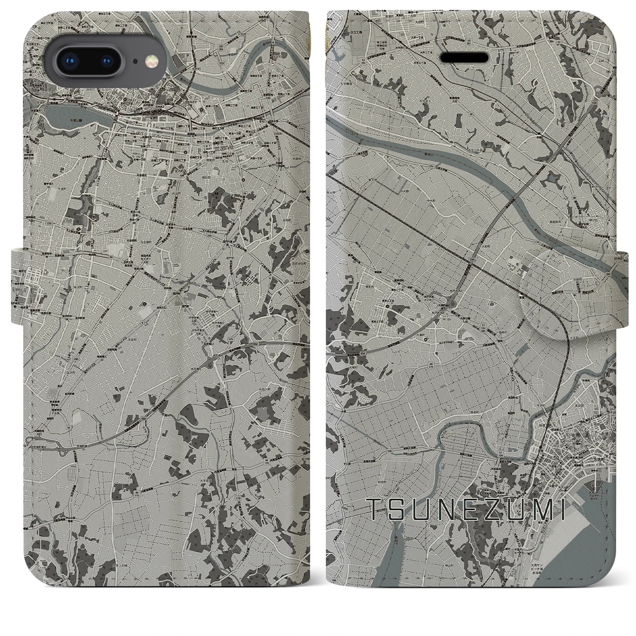【常澄(茨城県)】地図柄iPhoneケース(手帳タイプ)モノトーン・iPhone 8Plus /7Plus / 6sPlus / 6Plus 用