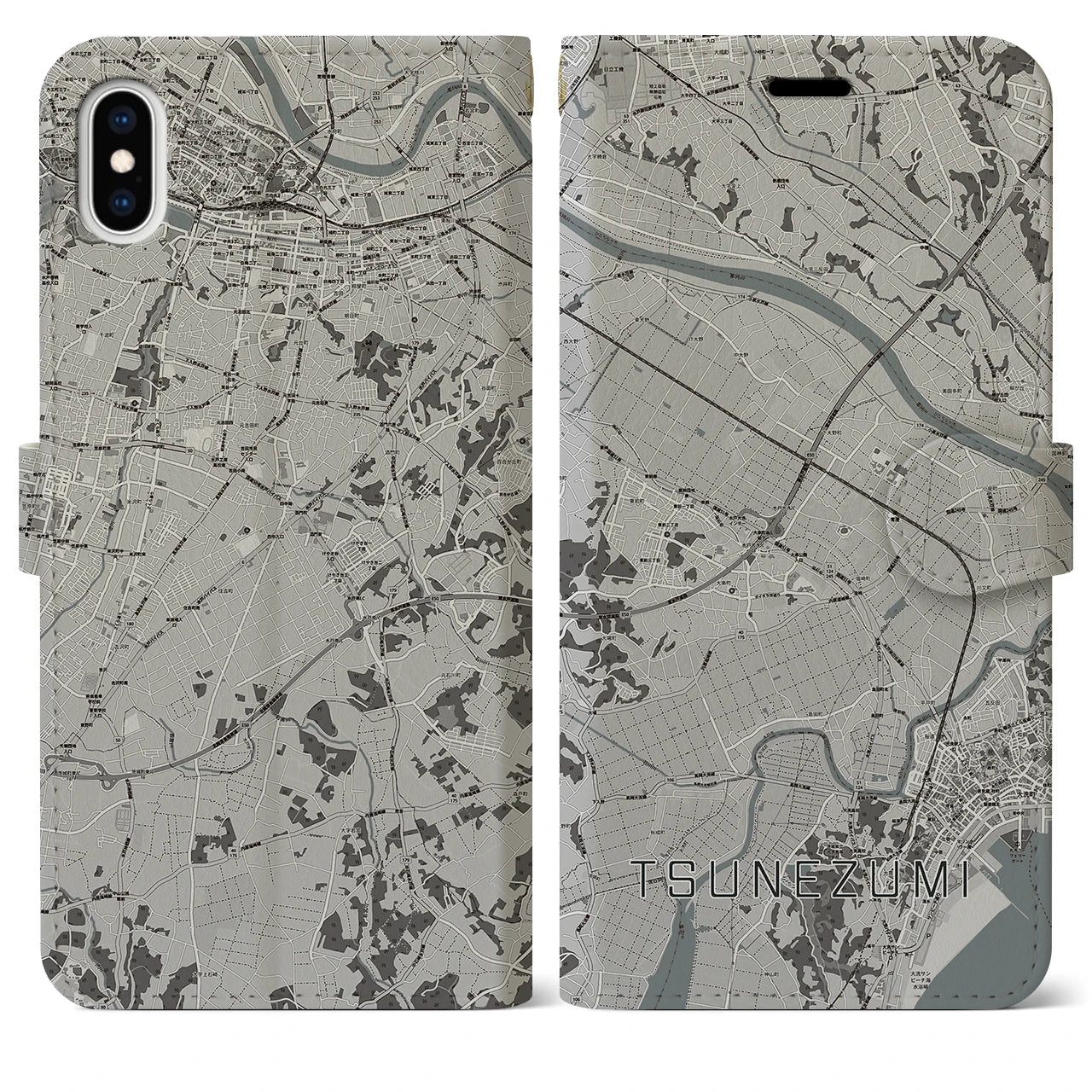 【常澄(茨城県)】地図柄iPhoneケース(手帳タイプ)モノトーン・iPhone XS Max 用