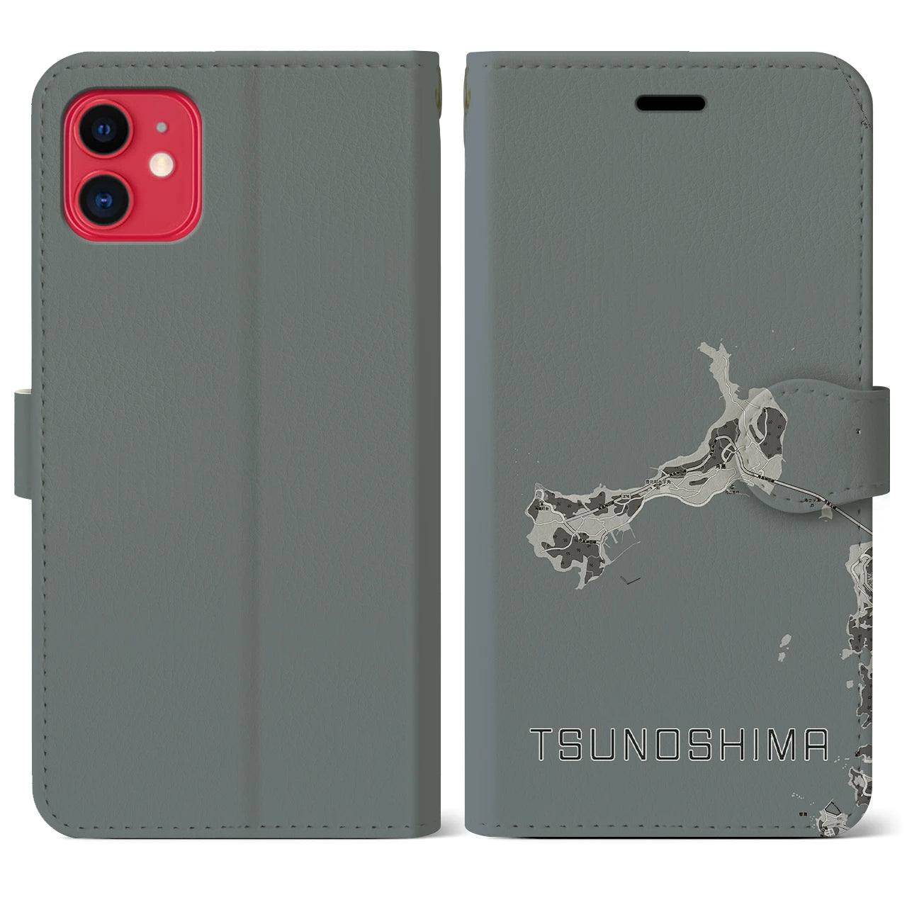 【角島(山口県)】地図柄iPhoneケース(手帳タイプ)モノトーン・iPhone 11 用