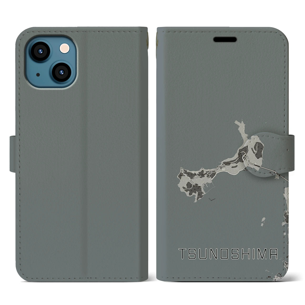 【角島(山口県)】地図柄iPhoneケース(手帳タイプ)モノトーン・iPhone 13 用