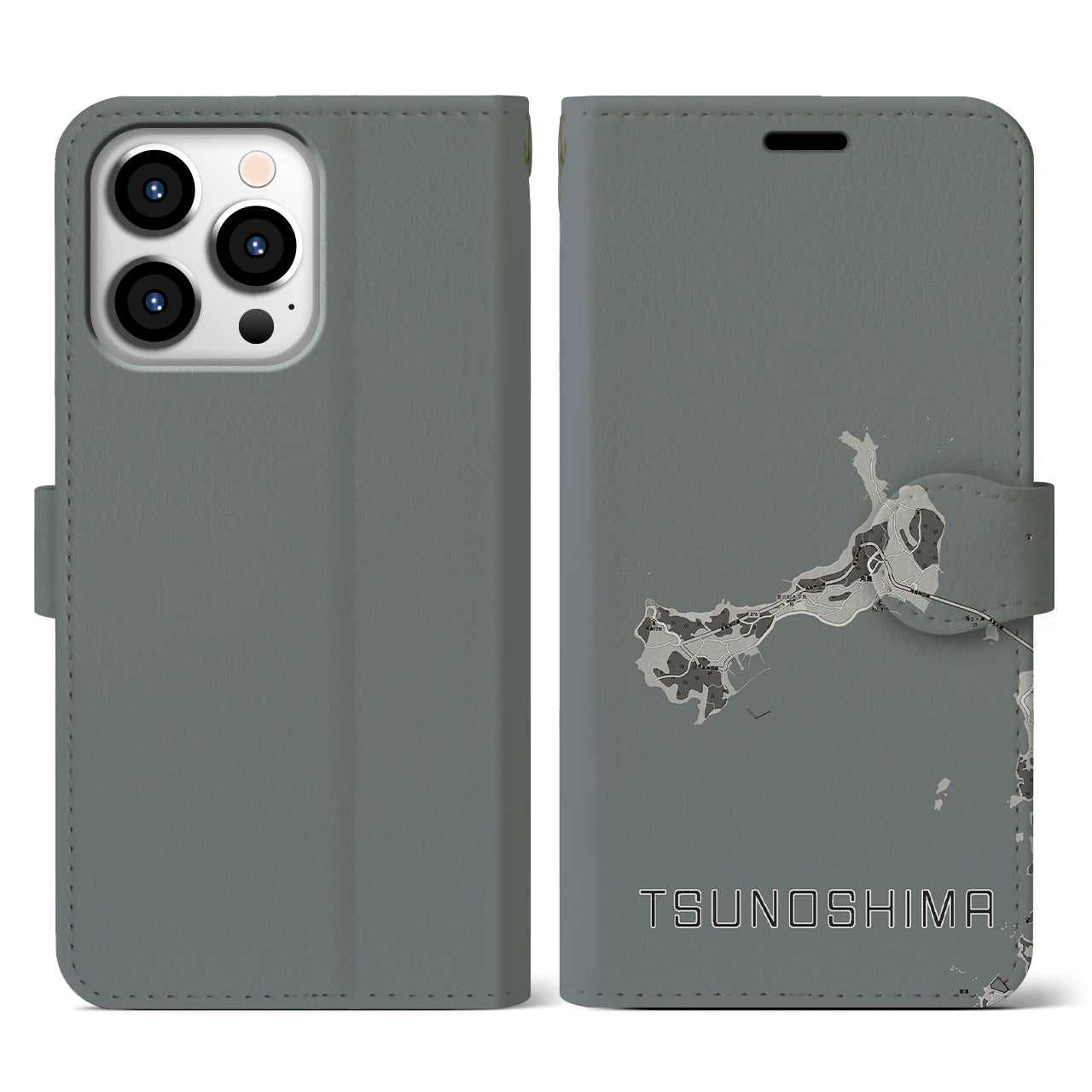 【角島(山口県)】地図柄iPhoneケース(手帳タイプ)モノトーン・iPhone 13 Pro 用