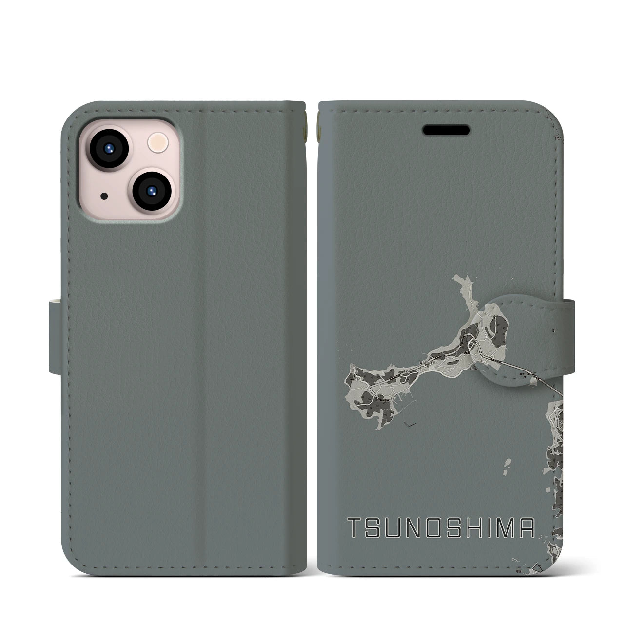 【角島(山口県)】地図柄iPhoneケース(手帳タイプ)モノトーン・iPhone 13 mini 用
