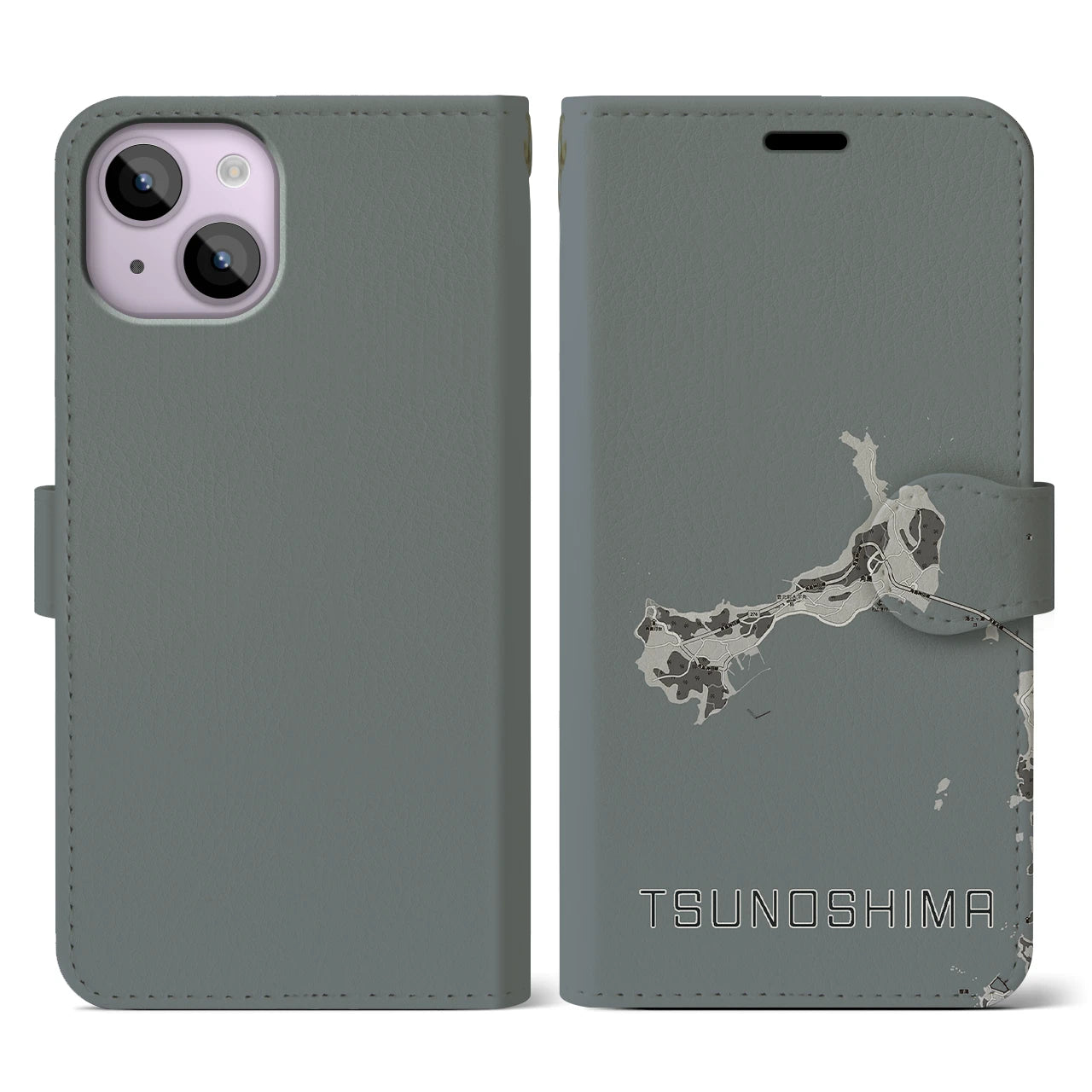 【角島(山口県)】地図柄iPhoneケース(手帳タイプ)モノトーン・iPhone 14 用