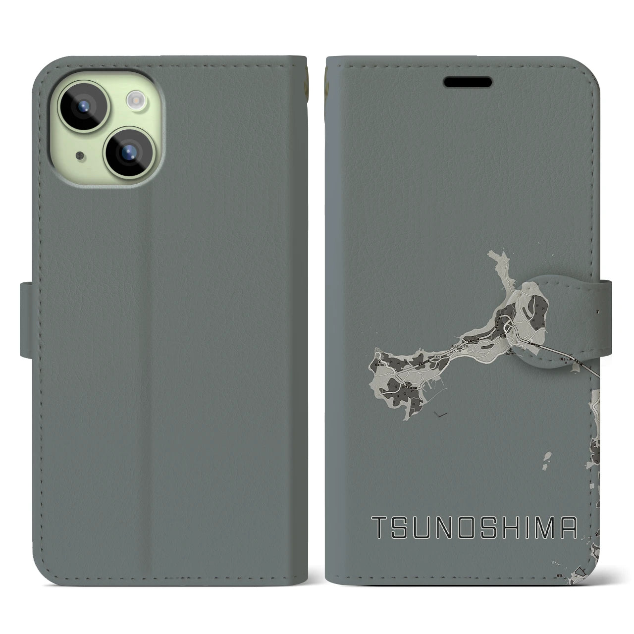 【角島(山口県)】地図柄iPhoneケース(手帳タイプ)モノトーン・iPhone 15 用