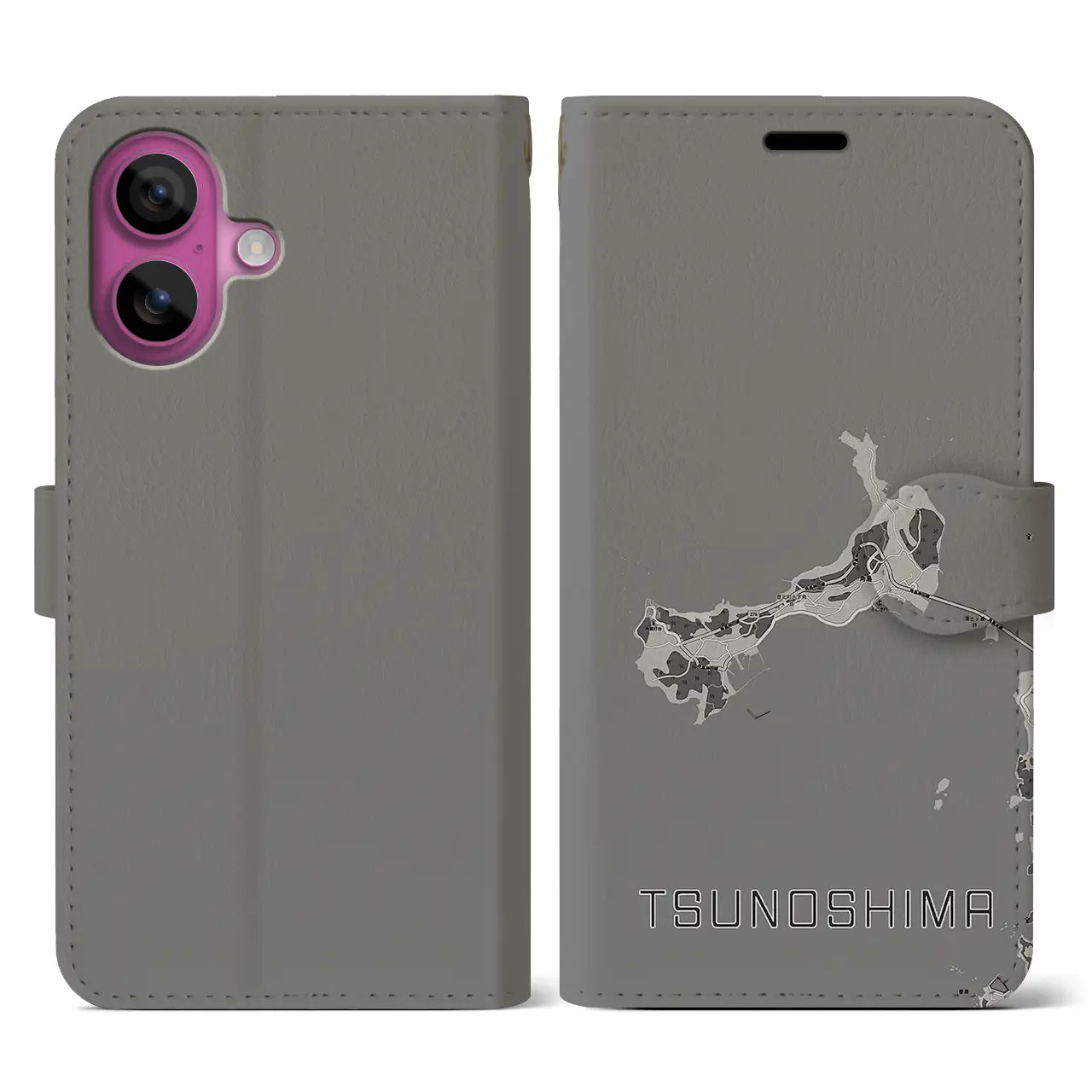 【角島(山口県)】地図柄iPhoneケース(手帳タイプ)モノトーン・iPhone 16 Pro 用