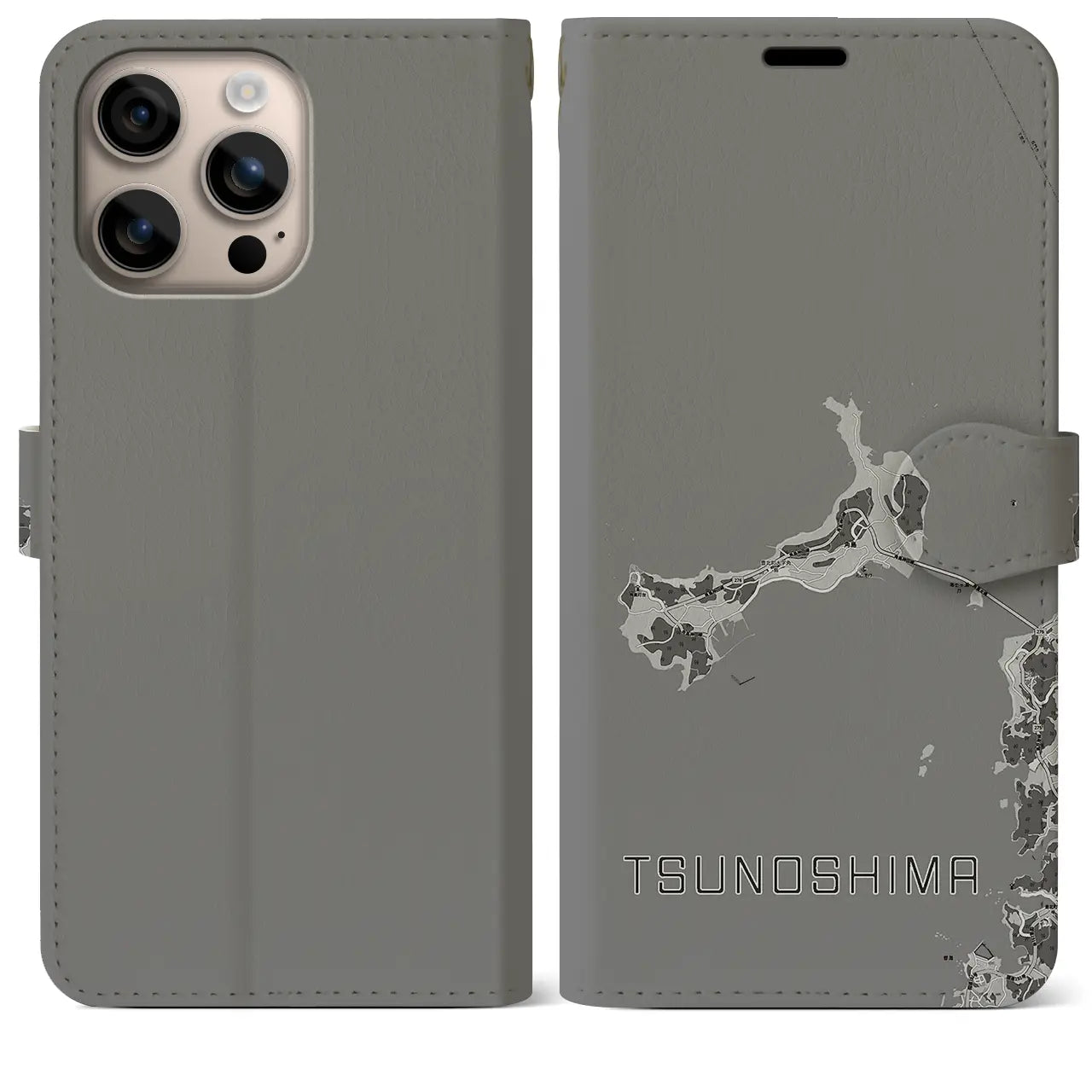 【角島(山口県)】地図柄iPhoneケース(手帳タイプ)モノトーン・iPhone 16 Plus 用