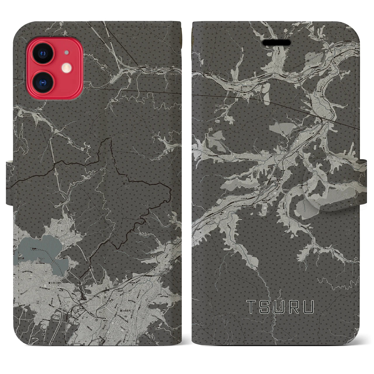 【都留(山梨県)】地図柄iPhoneケース(手帳タイプ)モノトーン・iPhone 11 用