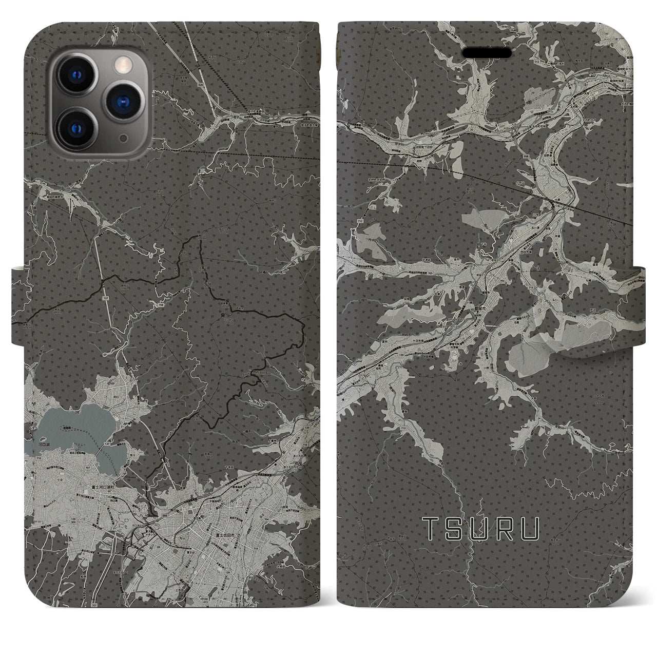 【都留(山梨県)】地図柄iPhoneケース(手帳タイプ)モノトーン・iPhone 11 Pro Max 用