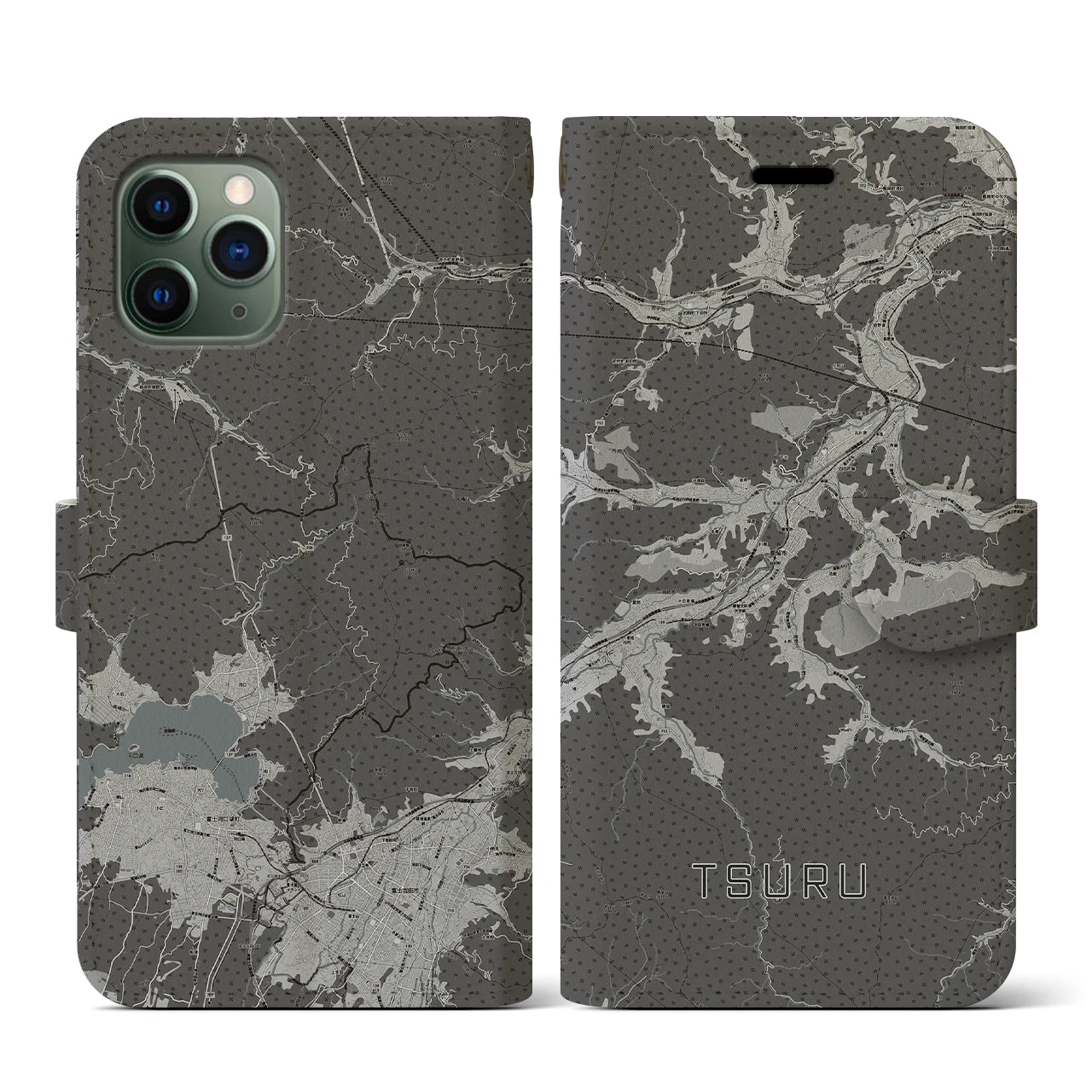 【都留(山梨県)】地図柄iPhoneケース(手帳タイプ)モノトーン・iPhone 11 Pro 用