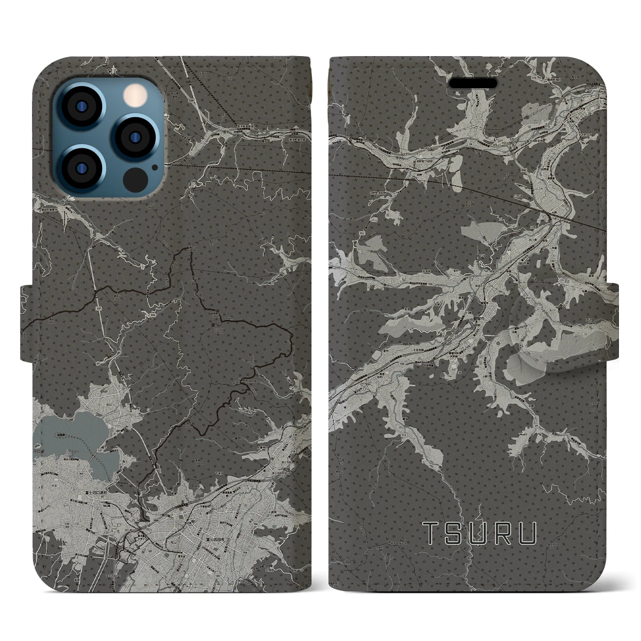 【都留(山梨県)】地図柄iPhoneケース(手帳タイプ)モノトーン・iPhone 12 / 12 Pro 用