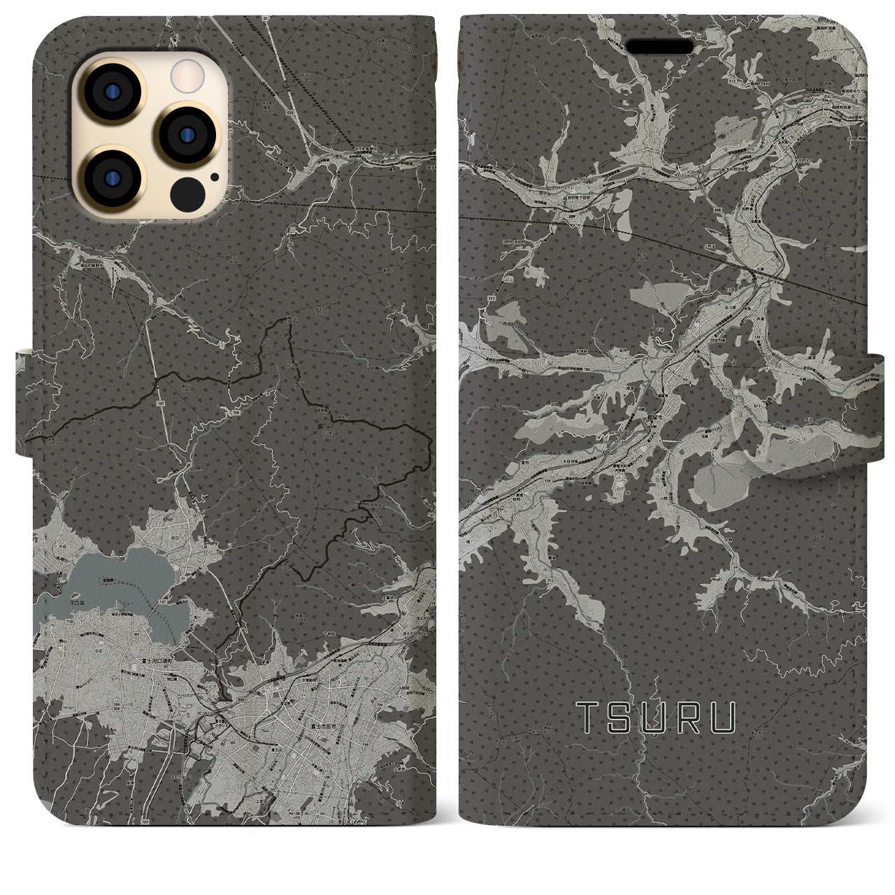 【都留(山梨県)】地図柄iPhoneケース(手帳タイプ)モノトーン・iPhone 12 Pro Max 用