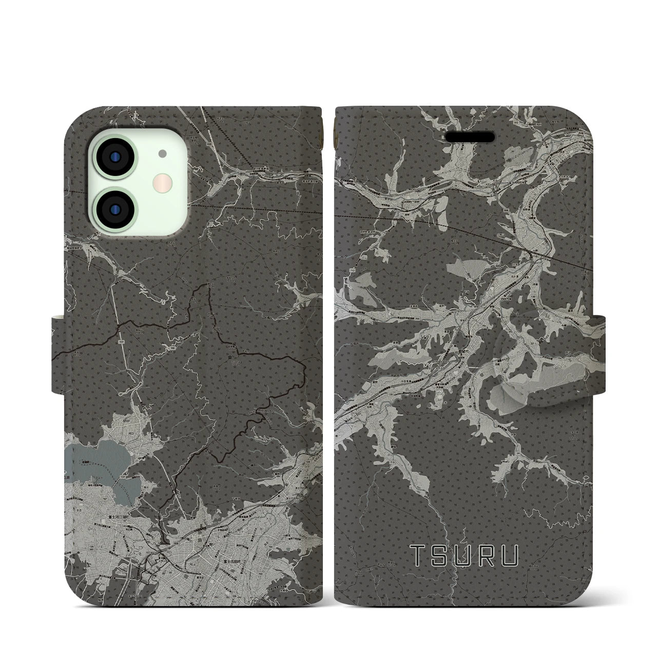 【都留(山梨県)】地図柄iPhoneケース(手帳タイプ)モノトーン・iPhone 12 mini 用