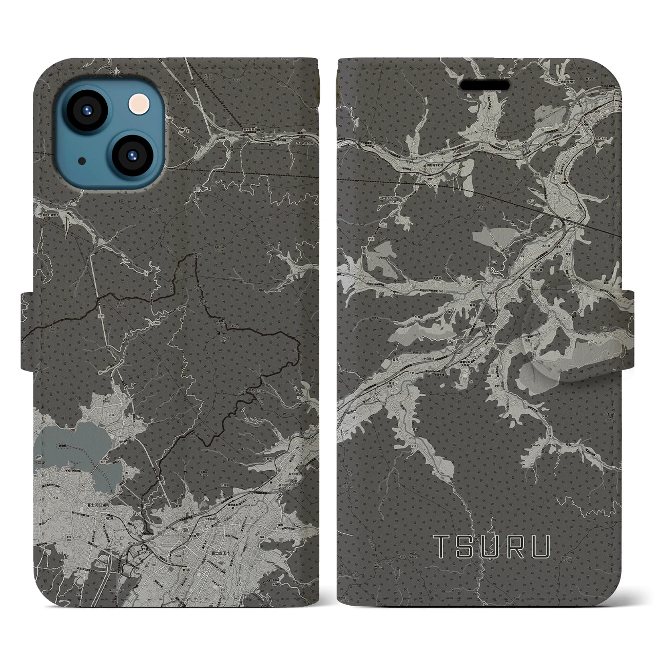 【都留(山梨県)】地図柄iPhoneケース(手帳タイプ)モノトーン・iPhone 13 用