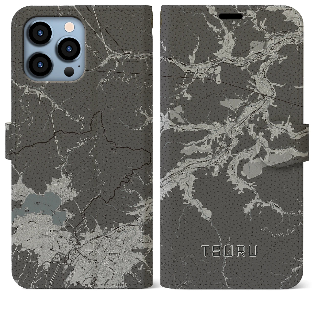 【都留(山梨県)】地図柄iPhoneケース(手帳タイプ)モノトーン・iPhone 13 Pro Max 用