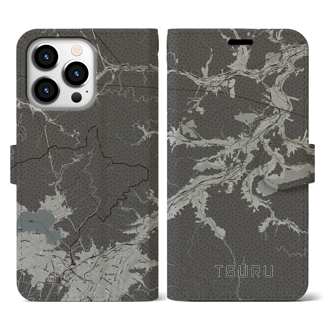 【都留(山梨県)】地図柄iPhoneケース(手帳タイプ)モノトーン・iPhone 13 Pro 用