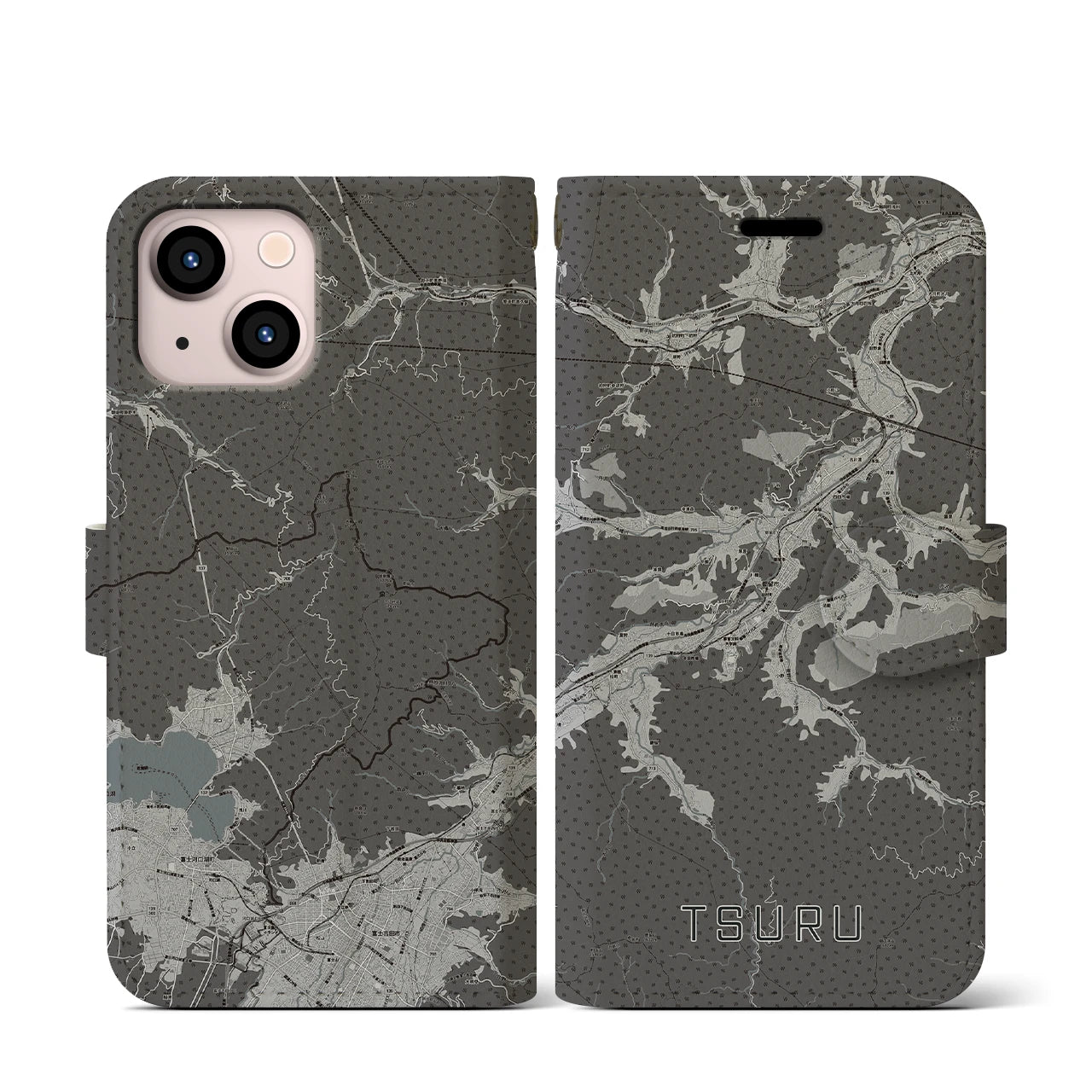 【都留(山梨県)】地図柄iPhoneケース(手帳タイプ)モノトーン・iPhone 13 mini 用