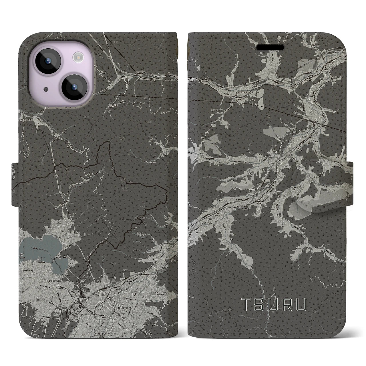 【都留(山梨県)】地図柄iPhoneケース(手帳タイプ)モノトーン・iPhone 14 用