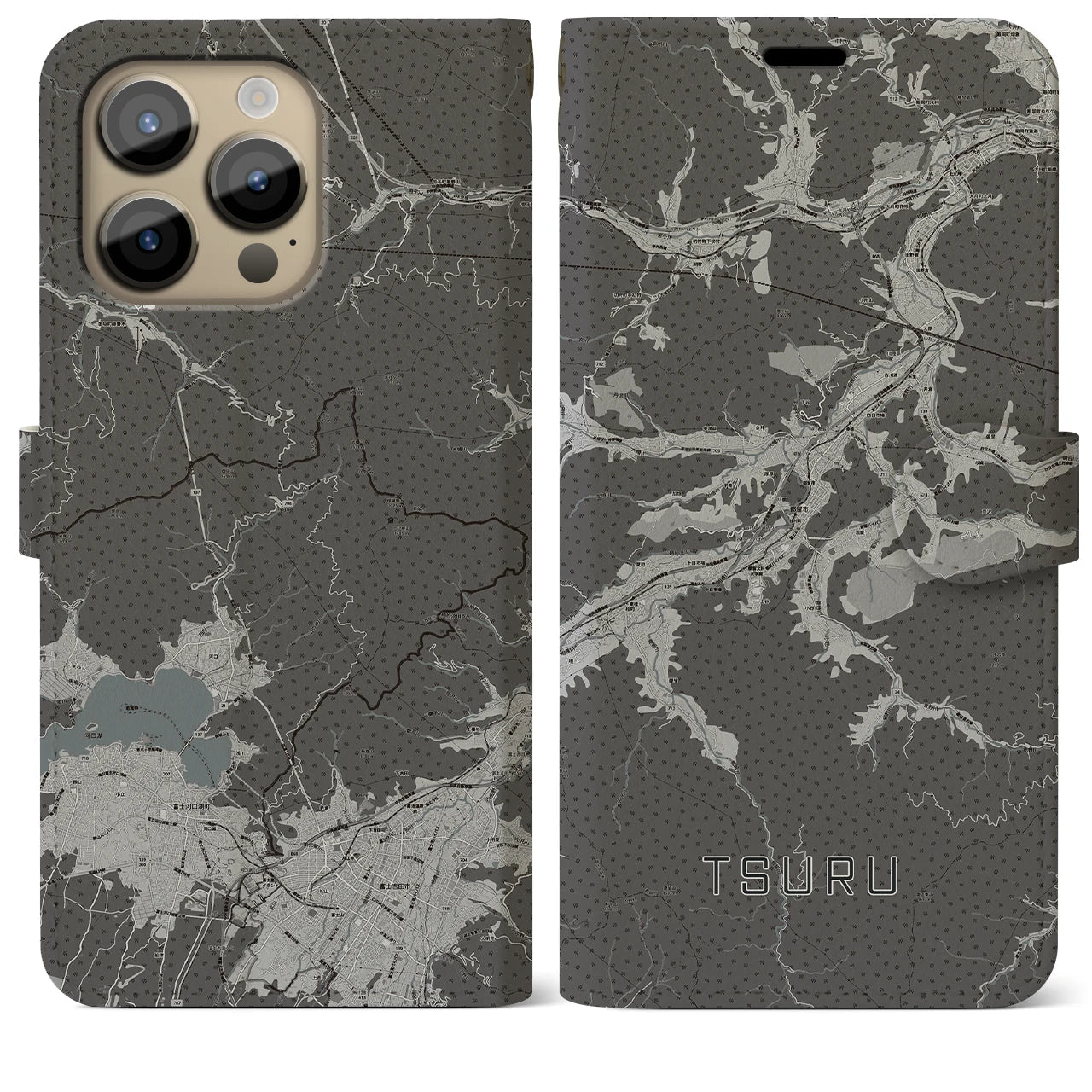 【都留(山梨県)】地図柄iPhoneケース(手帳タイプ)モノトーン・iPhone 14 Pro Max 用