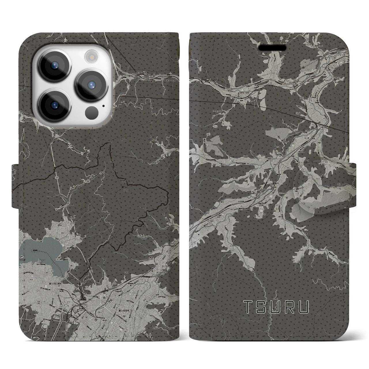 【都留(山梨県)】地図柄iPhoneケース(手帳タイプ)モノトーン・iPhone 14 Pro 用