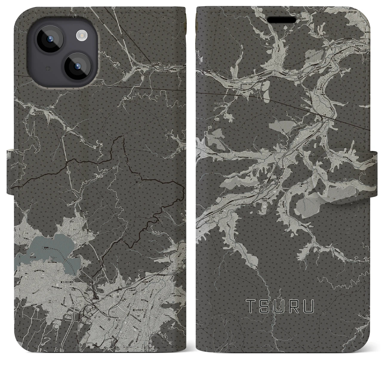 【都留(山梨県)】地図柄iPhoneケース(手帳タイプ)モノトーン・iPhone 14 Plus 用