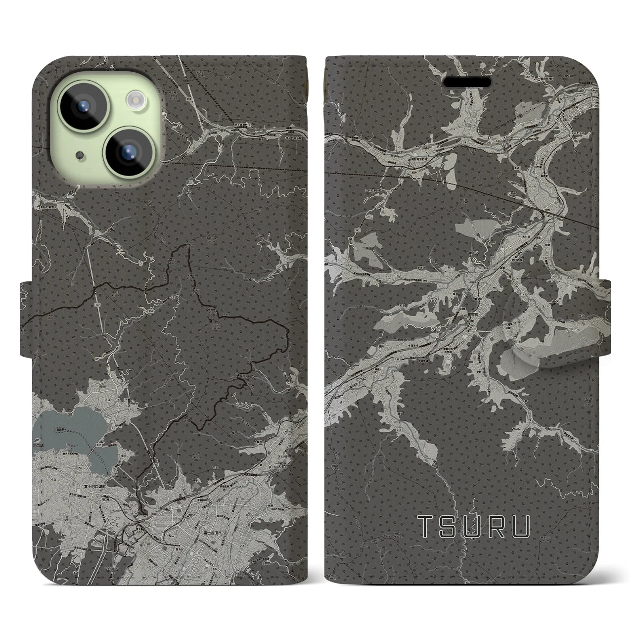 【都留(山梨県)】地図柄iPhoneケース(手帳タイプ)モノトーン・iPhone 15 用