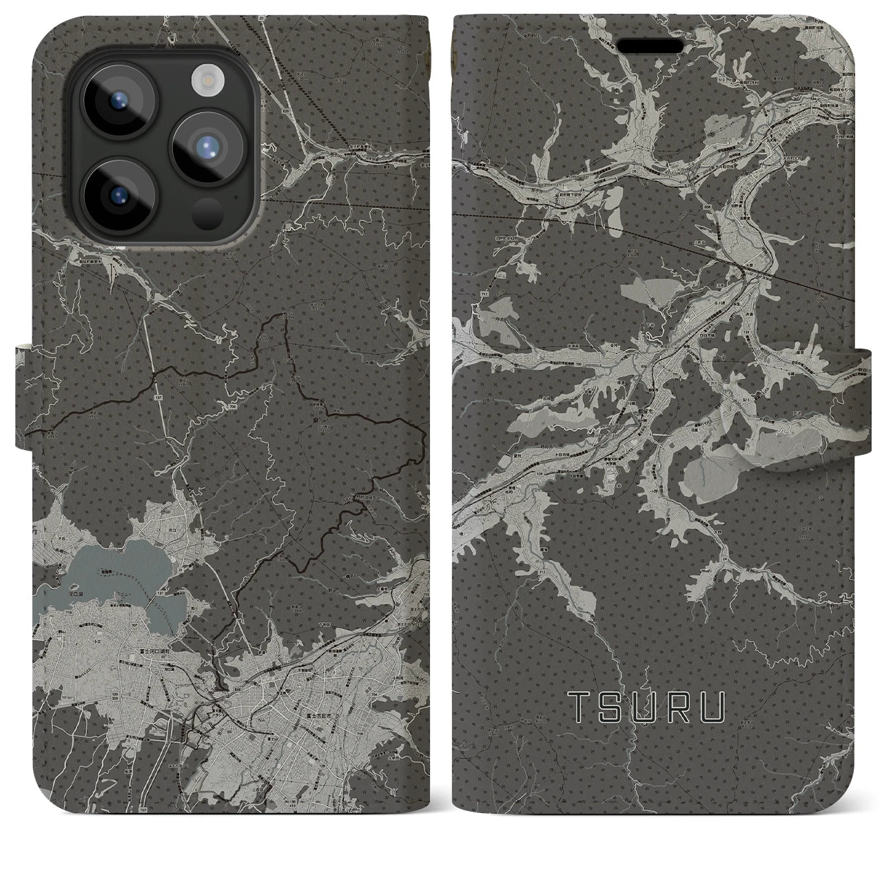 【都留(山梨県)】地図柄iPhoneケース(手帳タイプ)モノトーン・iPhone 15 Pro Max 用