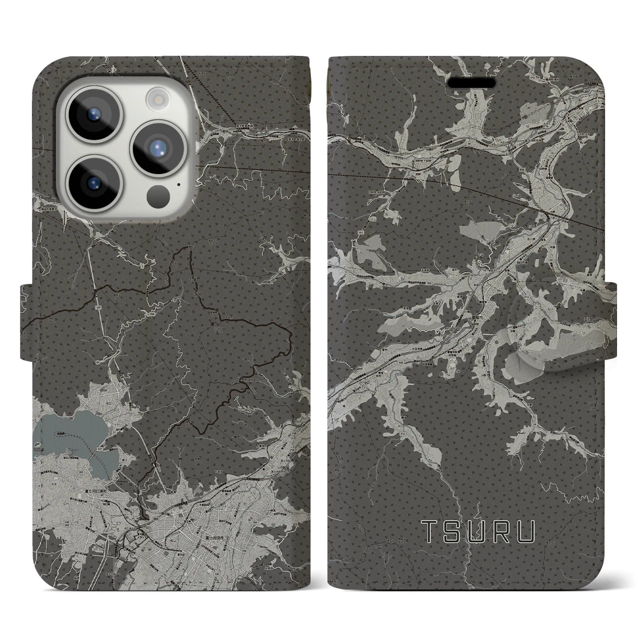 【都留(山梨県)】地図柄iPhoneケース(手帳タイプ)モノトーン・iPhone 15 Pro 用