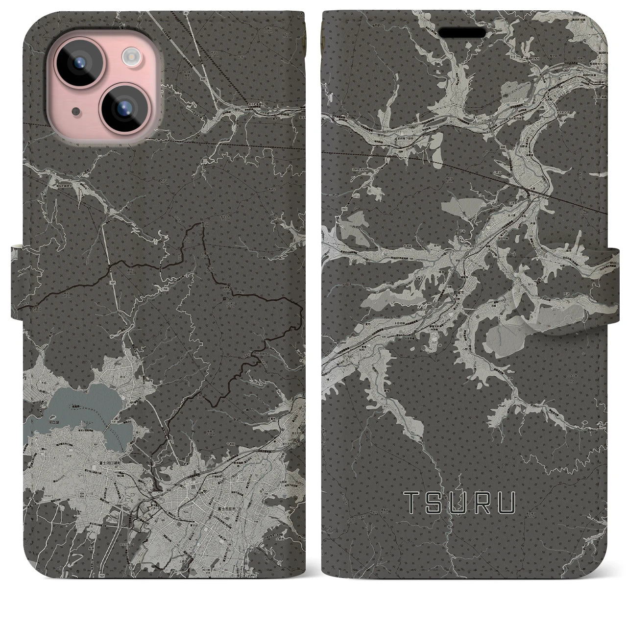 【都留(山梨県)】地図柄iPhoneケース(手帳タイプ)モノトーン・iPhone 15 Plus 用