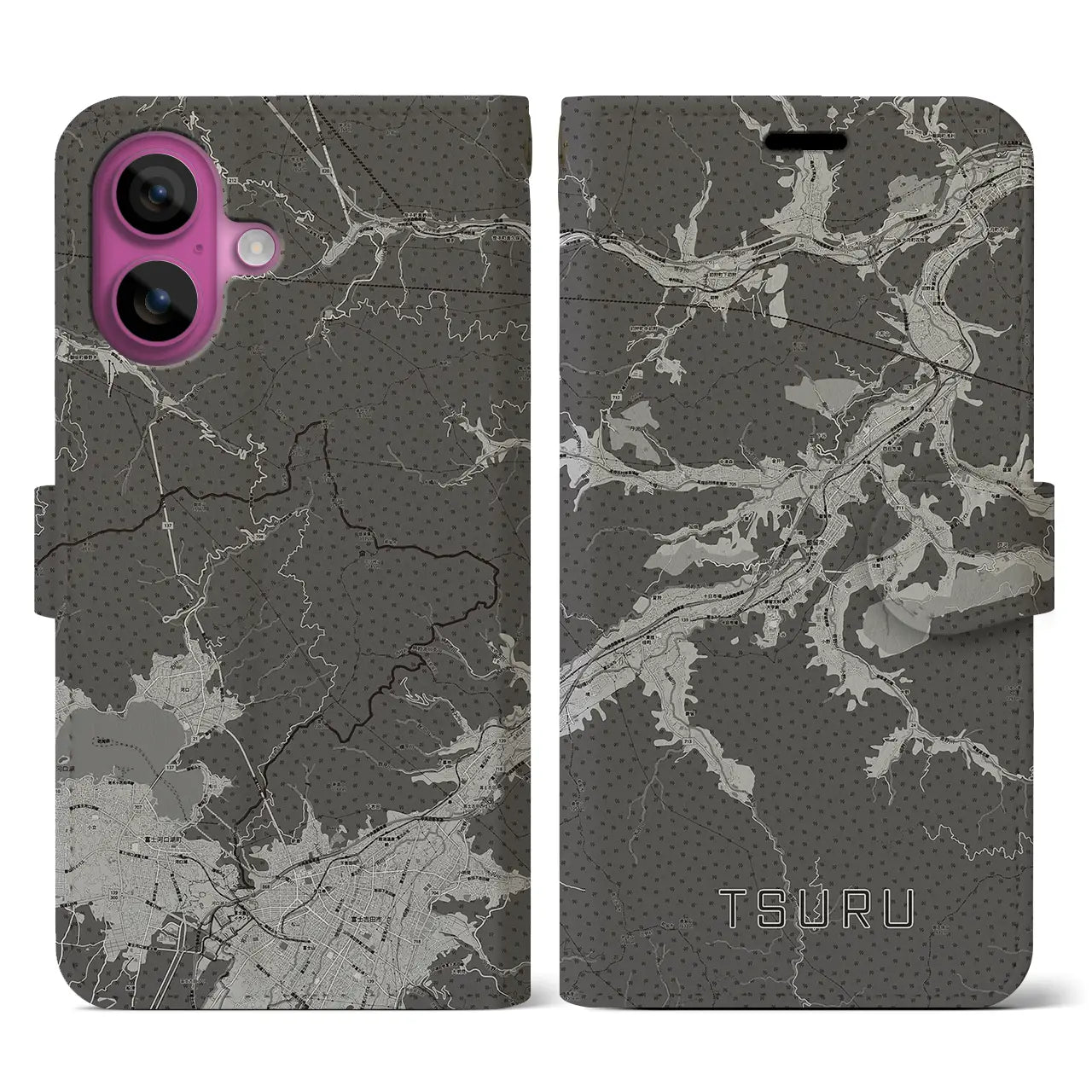 【都留(山梨県)】地図柄iPhoneケース(手帳タイプ)モノトーン・iPhone 16 Pro 用