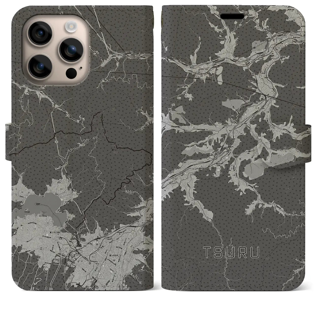 【都留(山梨県)】地図柄iPhoneケース(手帳タイプ)モノトーン・iPhone 16 Plus 用