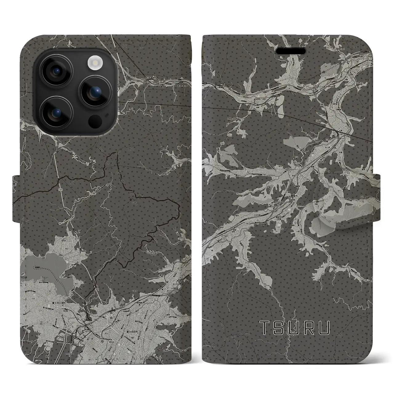 【都留(山梨県)】地図柄iPhoneケース(手帳タイプ)モノトーン・iPhone 16 用