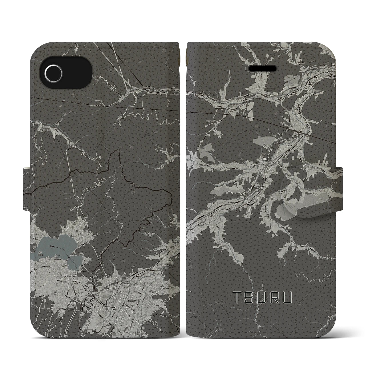 【都留(山梨県)】地図柄iPhoneケース(手帳タイプ)モノトーン・iPhone SE(第3 / 第2世代) / 8 / 7 / 6s / 6 用