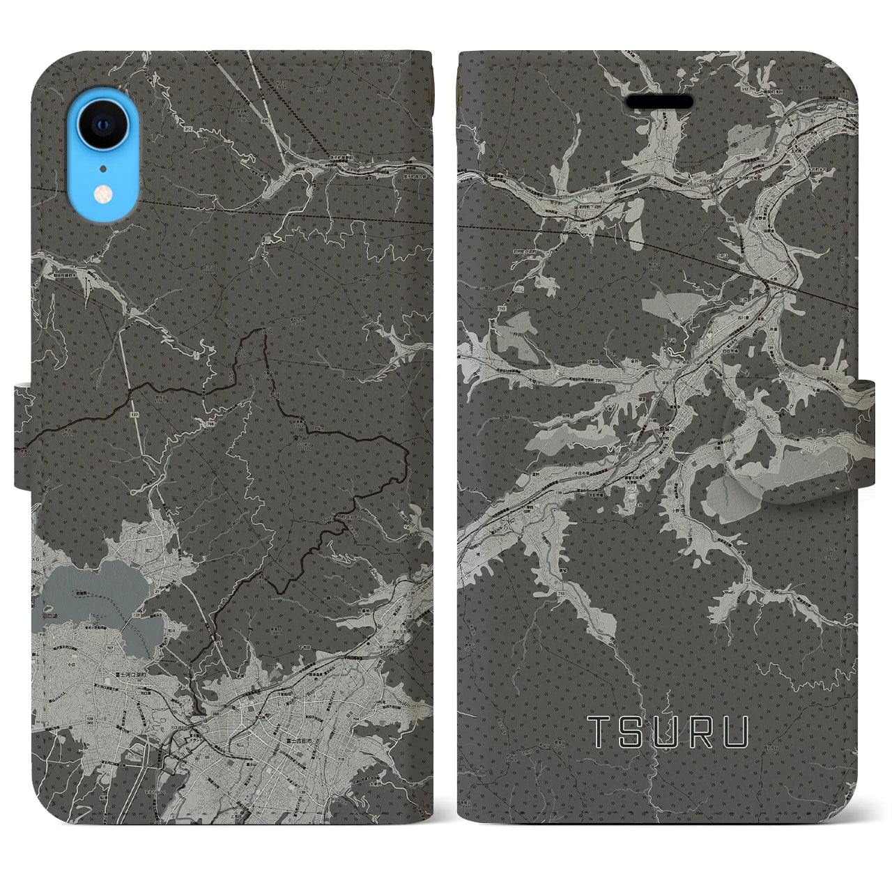 【都留(山梨県)】地図柄iPhoneケース(手帳タイプ)モノトーン・iPhone XR 用