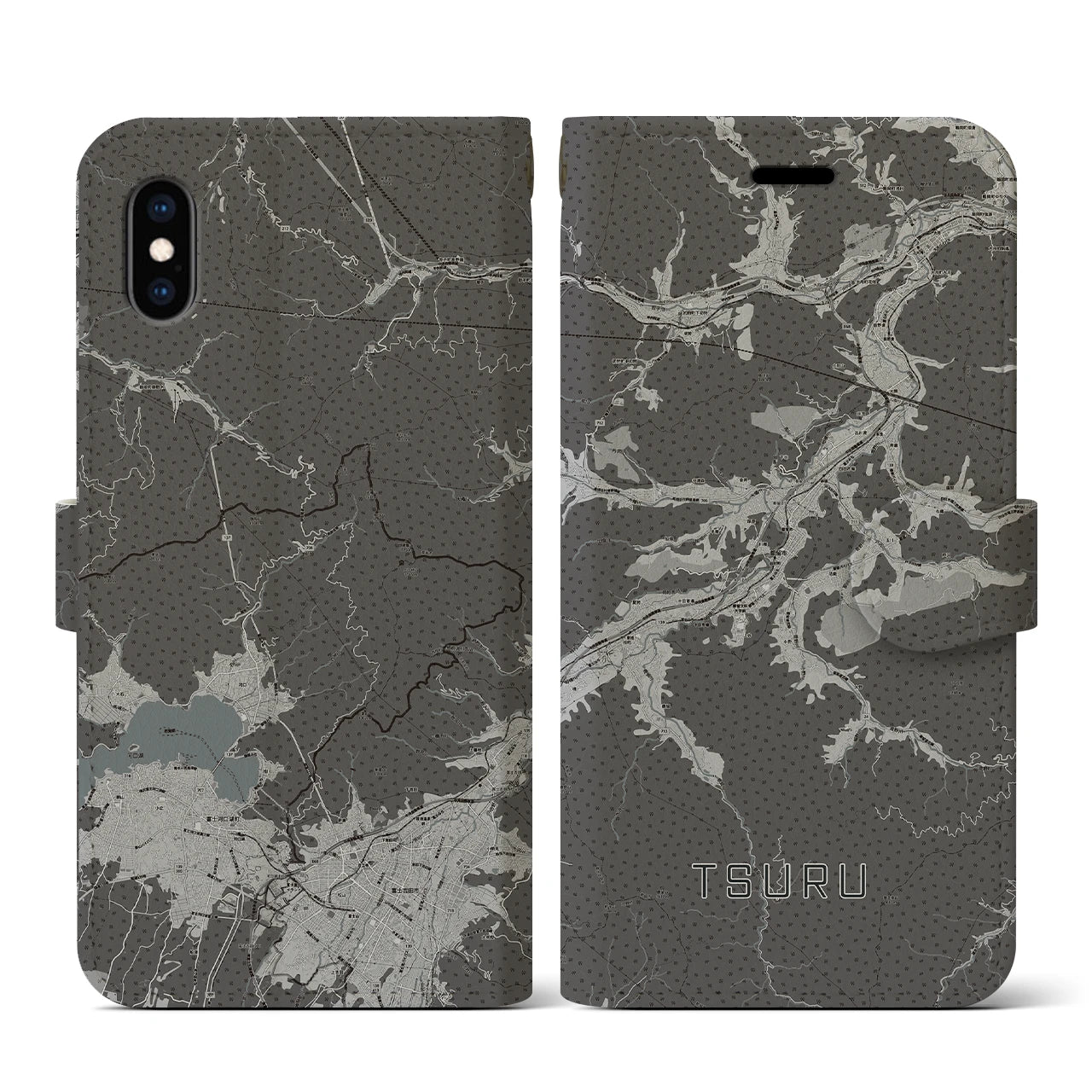 【都留(山梨県)】地図柄iPhoneケース(手帳タイプ)モノトーン・iPhone XS / X 用