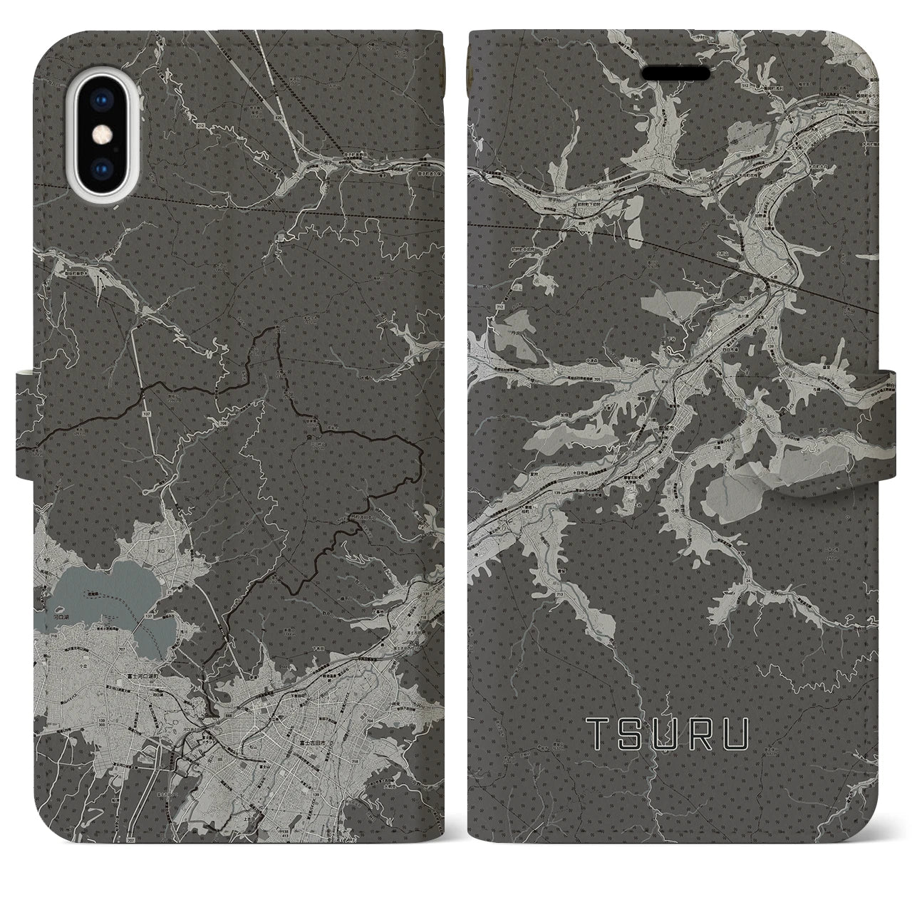 【都留(山梨県)】地図柄iPhoneケース(手帳タイプ)モノトーン・iPhone XS Max 用