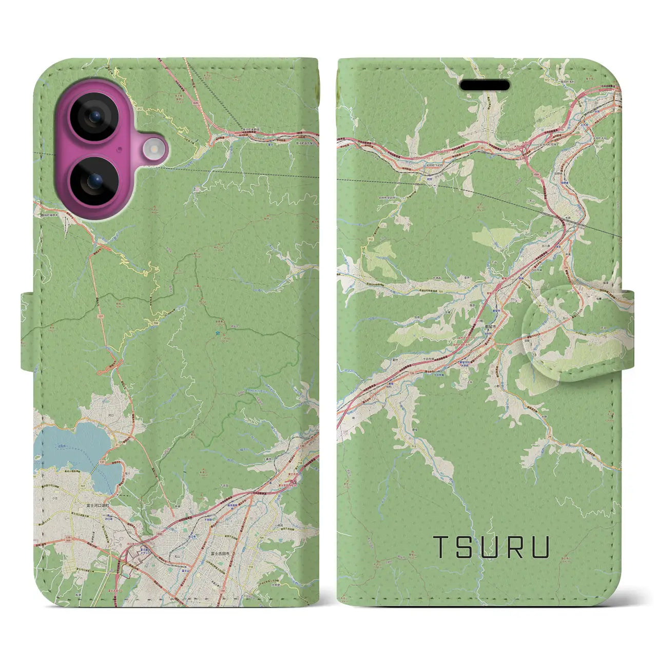 【都留(山梨県)】地図柄iPhoneケース(手帳タイプ)ナチュラル・iPhone 16 Pro 用