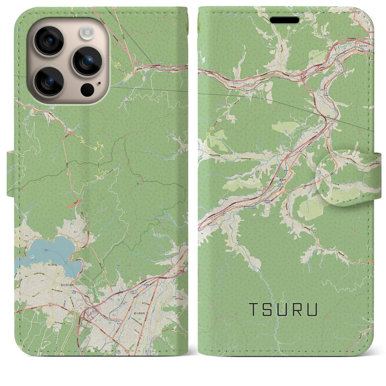 【都留(山梨県)】地図柄iPhoneケース(手帳タイプ)ナチュラル・iPhone 16 Plus 用