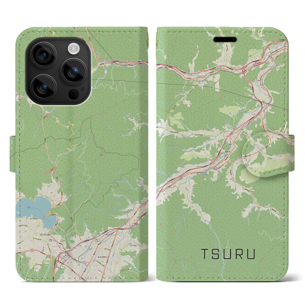 【都留(山梨県)】地図柄iPhoneケース(手帳タイプ)ナチュラル・iPhone 16 用