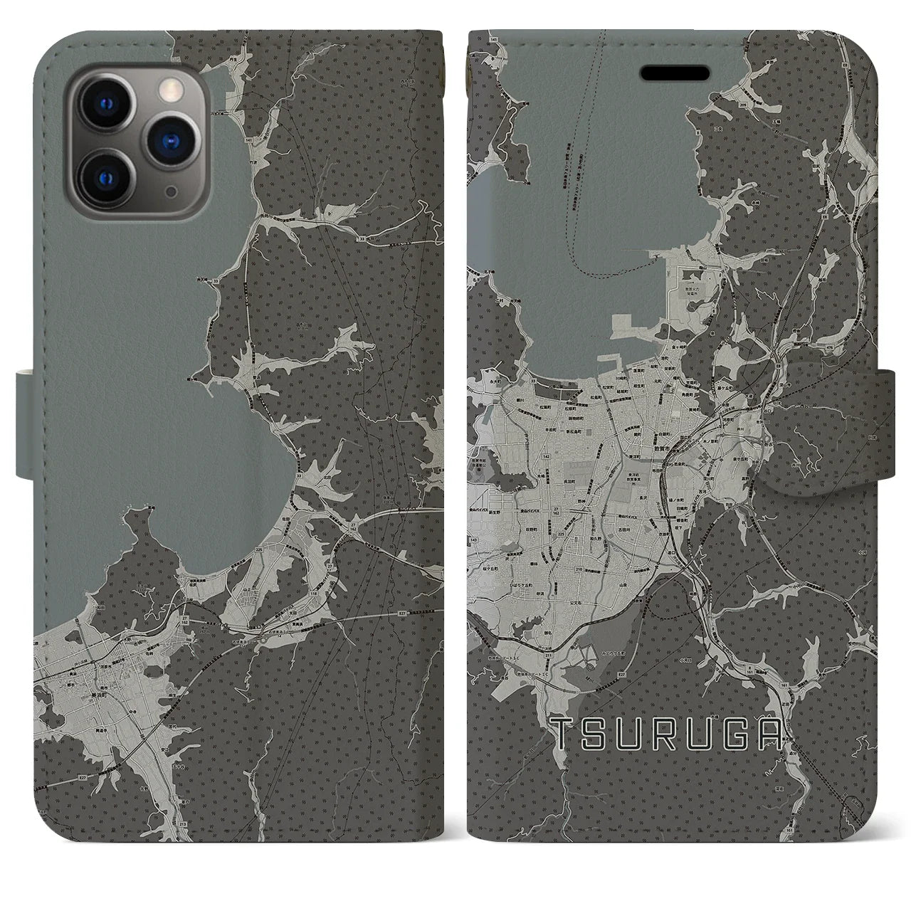 【敦賀(福井県)】地図柄iPhoneケース(手帳タイプ)モノトーン・iPhone 11 Pro Max 用