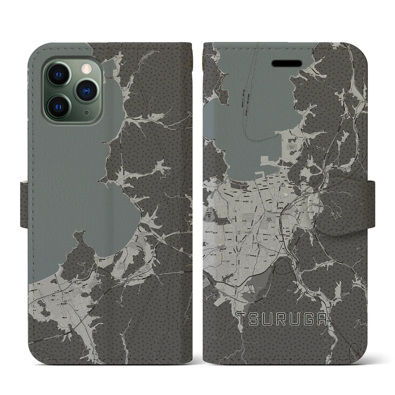 【敦賀(福井県)】地図柄iPhoneケース(手帳タイプ)モノトーン・iPhone 11 Pro 用