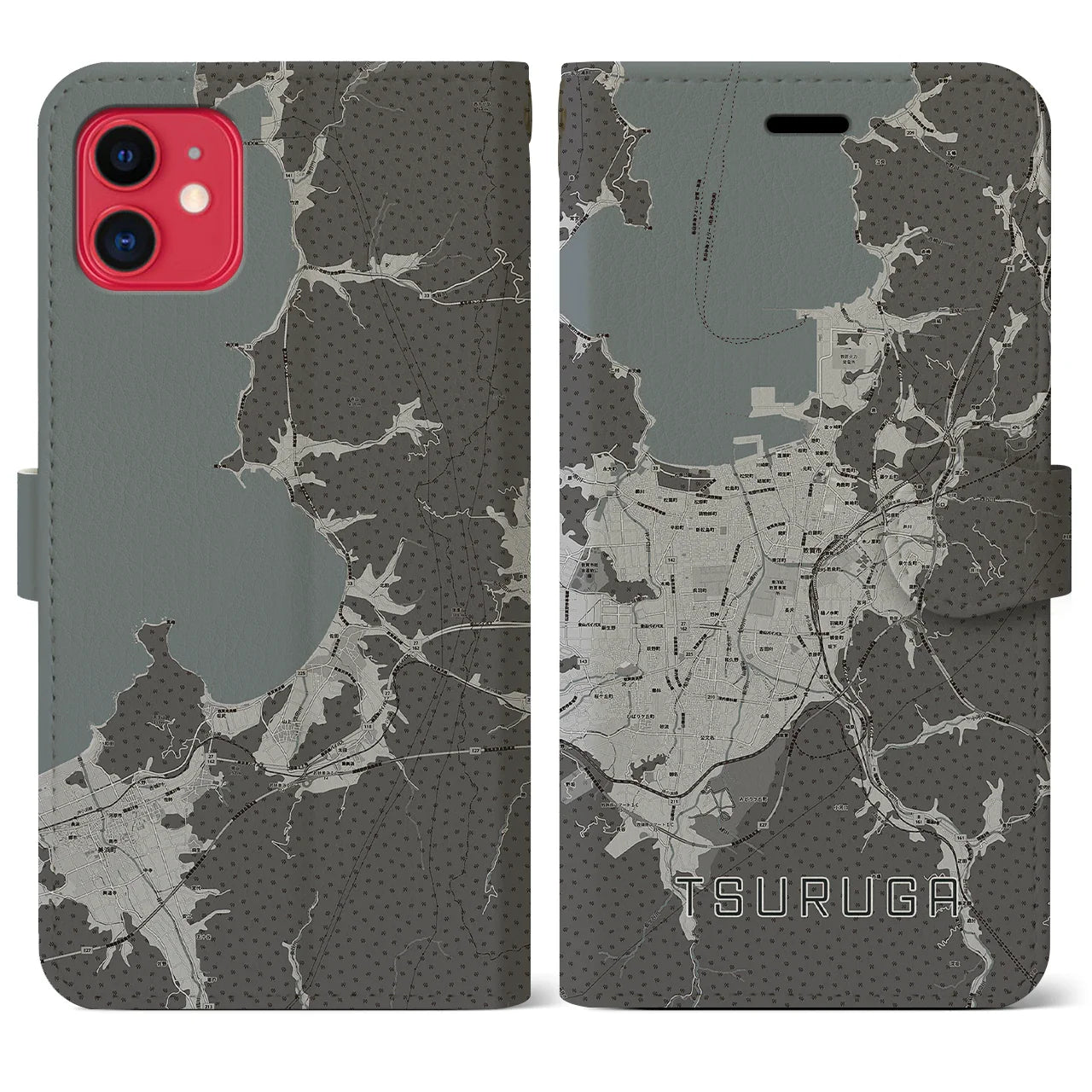 【敦賀(福井県)】地図柄iPhoneケース(手帳タイプ)モノトーン・iPhone 11 用